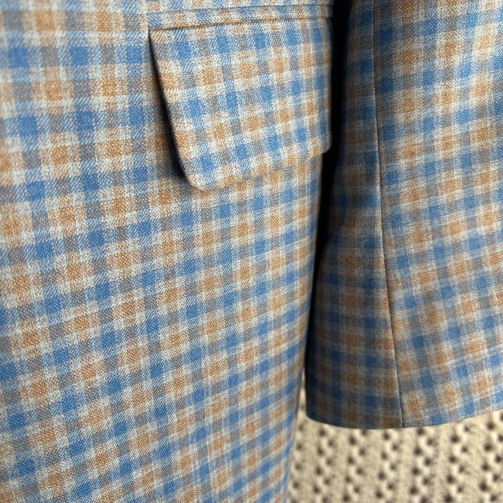 Bespoke Holland & Sherry Tom James Check Wool Sport‎ Coat Tailored Fit Blue 46L